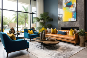 Elegantly Designed Modern Style Living Room Interior with Cozy Furniture, Vibrant Colors, and Contemporary Decor