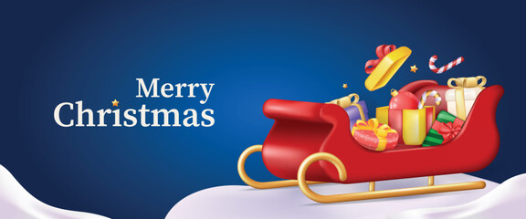 Christmas banner. A bright blue themed illustration that conveys the holiday spirit with a cartoon design and holiday presents on Santa's sleigh. Vector illustration.