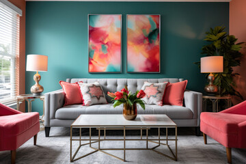 A Vibrant and Cozy Living Room Interior in Teal and Coral Colors