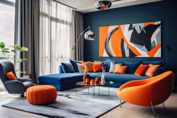 A Stunning Living Room Interior in Coral and Navy Blue Colors, Creating a Harmonious and Inviting Atmosphere
