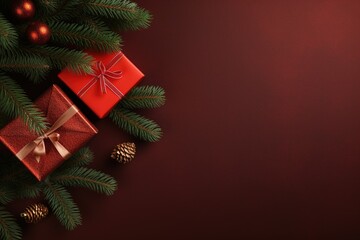 Fototapeta na wymiar Christmas background with fir branches, cones and gift box on red background.Generative Ai