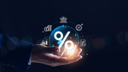 Interest rate and dividend concept. Businessman with percentage symbol and up arrow, Interest rates...