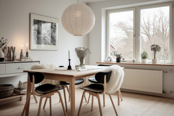 A Serene and Minimalistic Dining Room Interior in Modern Scandinavian Style with Clean Lines and Neutral Colors