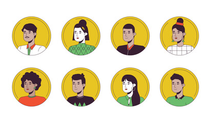 Multinational people flat color cartoon avatar icons set. Young characters. Editable 2D user portrait linear illustration. Isolated vector face profile clipart. Userpic, person head and shoulders