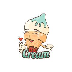 Groovy style ice cream logo on white background. Ice happiness logo. Branding mascot for cafe. Vector illustration