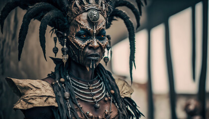 Sinister and beautiful shaman/witch face with tribal ethnic patterns, tattoo, dreadlocks and jewelry. Mystical horor concept.	
