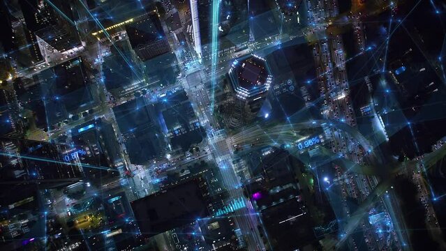 Aerial Futuristic Over Head view High Tech City with FX Economy Financial Charts. Networks, Signals, Connections Passing Through Streets. Shot in 8K at Night Big Data Machine Learning Metaverse.