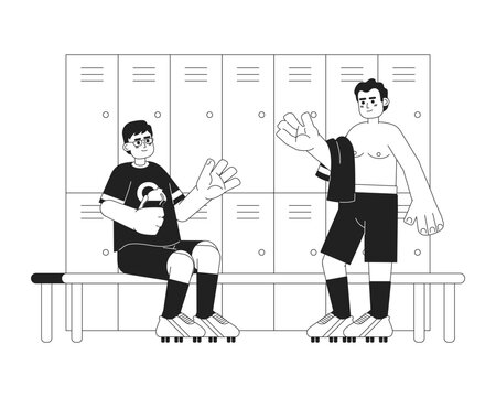 Men in changing room monochrome concept vector spot illustration. Multinational football players 2D flat bw cartoon characters for web UI design. Team Isolated editable hand drawn hero image