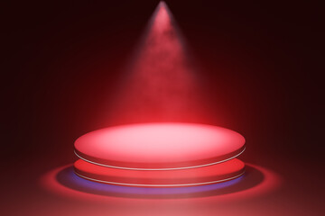 red winner stage Empty podium with illuminated sporting Light source. Floodlight. Product platform concept. Advertising display. Projector. 3D rendering.