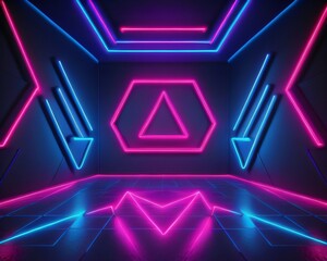 Naklejka premium Empty dark room with neon lights background concept made with Generative AI