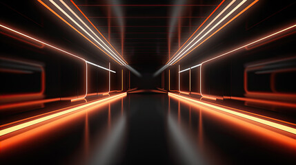 Fototapeta na wymiar Futuristic Sci Fi Cyber Neon Laser White White Orange Lights Metal Stripe Glossy Barn Garage Studio Showroom Tunnel Corridor Underground Concrete Warehouse Room 3D Rendering