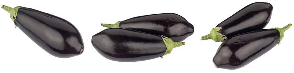 Collection Set of eggplants aubergines vegetables from different angles, isolated cut out on png transparent background