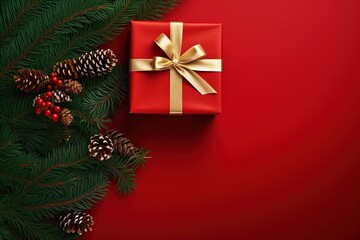 Christmas background with fir branches, cones and gift box on red background.Generative Ai