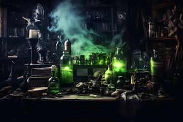 Halloween background or card with witch's study with spellbook, green potions and sorcery accessories. Dark, magical atmosphere.