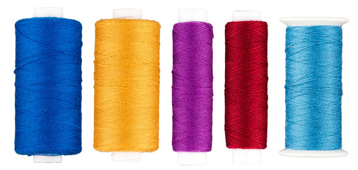 Collection Set of colorful spools with thread for sewing, supply for sewing, isolated cut out...