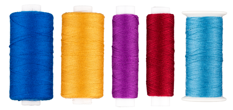 Collection Set of colorful spools with thread for sewing, supply for sewing, isolated cut out objects on transparent png background 

