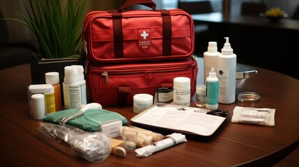 Workplace First Aid Kit Essentials Displayed on Table