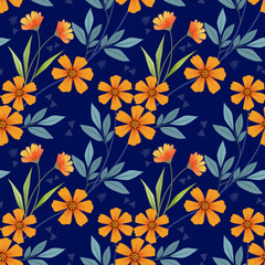 Beautiful blooming orange flowers with green leaf on blue color background seamless pattern for fabric textile wallpaper.