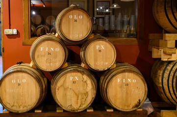 Production of fortified jerez, xeres, sherry wines in dark oak barrels in sherry triangle, Jerez la...