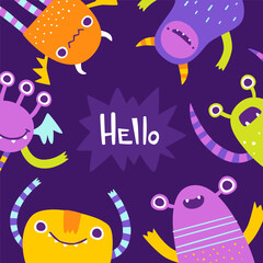 Fototapeta na wymiar Cute monster frame border template for kids. Cartoon vector banner with funny colorful monsters.