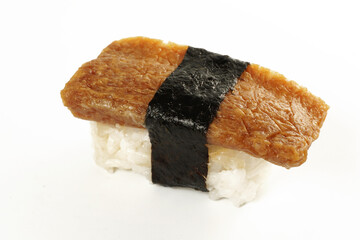Nigiri Sushi with fried tofu wrap with Japanese seaweed. White background.
