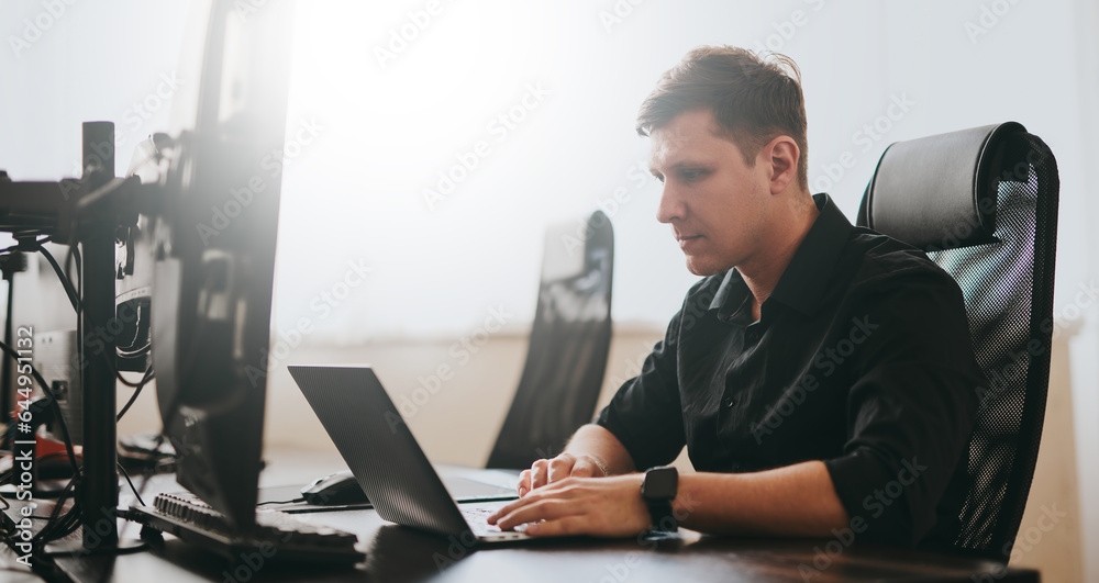 Wall mural portrait professional man programmer working concentrated on computer diverse offices. modern it tec