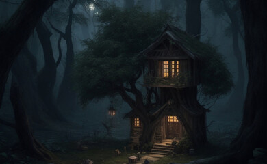 Haunted Tree House in Remote Forest Village: Dark, Cold, and Illuminated by Lamp Lights