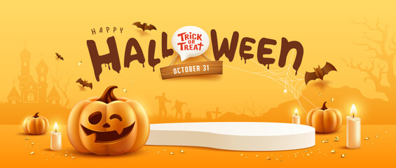Happy Halloween podium, pumpkin candle, and bat on yellow banner design background, Eps 10 vector illustration

