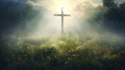 Sun shine through, creating a silhouette of the cross