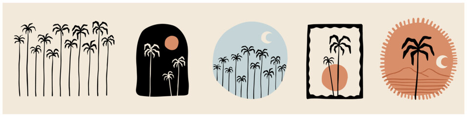Vector hand drawn palms illustration, hippie boho palm tree surfer style doodle set  © Lisa