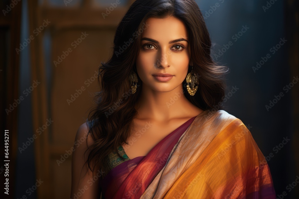 Wall mural bollywood actress in a vibrant saree amidst a minimalist backdrop - contrast in cultural fashion - a