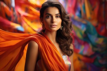 Bollywood actress in a vibrant saree amidst a minimalist backdrop - Contrast in cultural fashion - AI Generated - obrazy, fototapety, plakaty