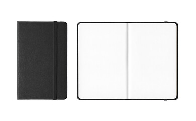 Black closed and open notebooks isolated on transparent background