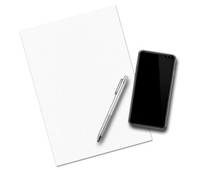 Sheet of paper, pen and smartphone on a transparent background