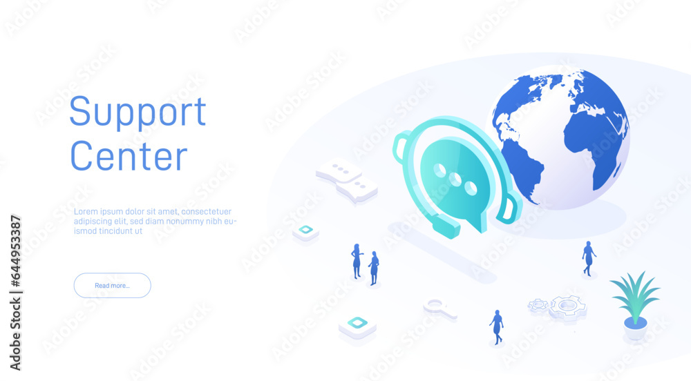 Wall mural support service concept or call center in isometric vector illustration. 24-7 round the clock or non