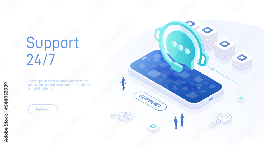 Wall mural support service concept or call center in isometric vector illustration. 24-7 round the clock or non