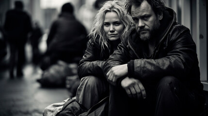 black and white photograph of a homeless couple, city streets in the background