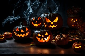 The light is streaming from behind the lights as two Halloweens are laughing while resting on a table.