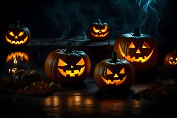 Two Halloweens are lying on the table laughing and the light is coming from inside the Halloween is behind the lighting