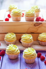 Preparation of pistachio cupcakes with fresh raspberry. Rustic wooden background, close up