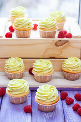 Preparation of pistachio cupcakes with fresh raspberry. Rustic wooden background, close up