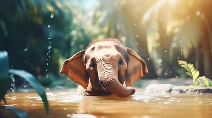 Foto op Canvas Baby elephant at the stream in jungle. © ZayNyi