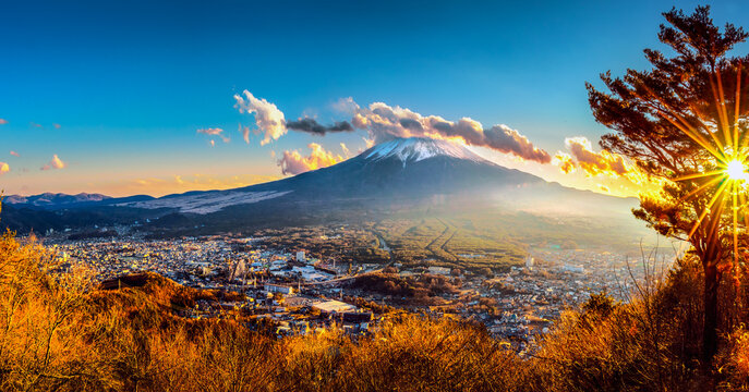 Fujisan with tree and Sunshine on Mt. Tenjo