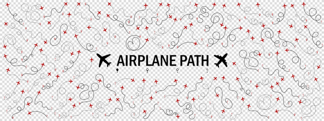 Airplane or aeroplane routes path big set. Travel concept from start point and dotted line tracing. Aircraft tracking, flight plane path, travel, map pins, location. Vector illustration.