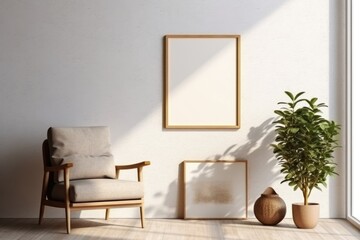 Blank wooden picture frame mockup on wall in light living room interior. Generative AI