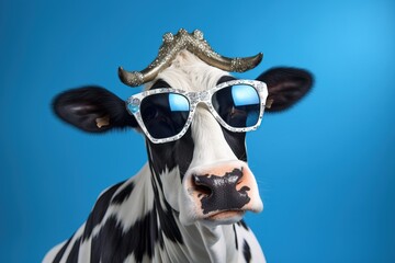 Funny cow with sunglasses in front of blue background, concept of humor and quirkiness, surreal animal portrait