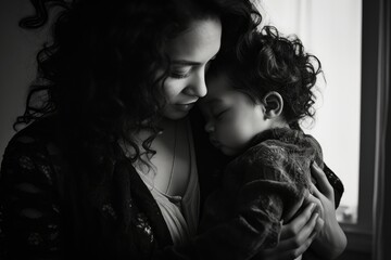 black and white photograph of mother with child.