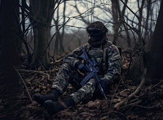 Fototapeta na wymiar A soldier is in full camouflage at the battlefield area, hunter