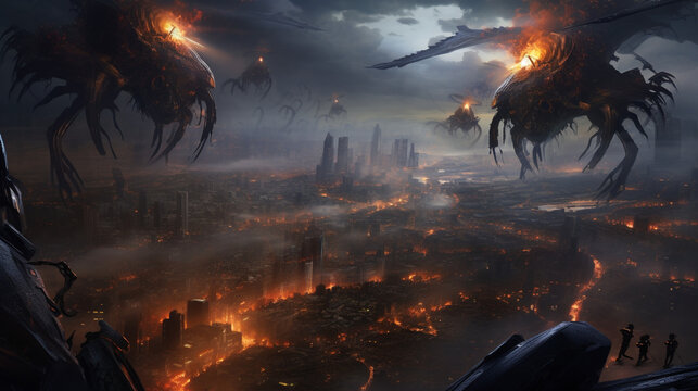 Sci-fi scene of the creature machine invading city painting