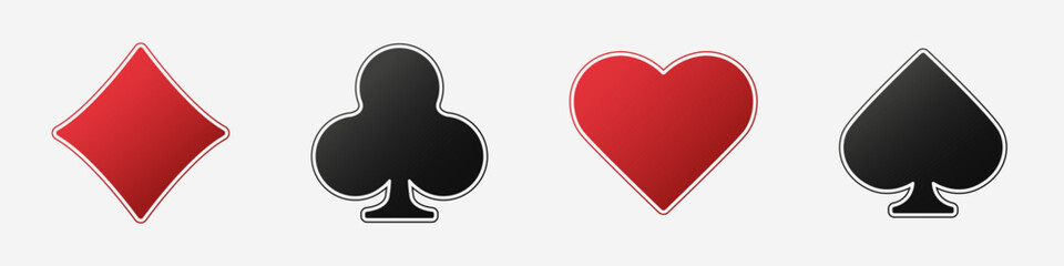 Set collection gambling sign symbol of playing card suits and chip or token for poker and casino. Hearts, clubs, diamonds and spades on an isolated white background.